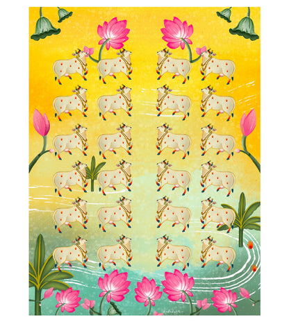 Yellow Holy Cow Pichwai Wall Art Print | Sacred Cow with Lotus Motifs | Vibrant Indian Spiritual Home Decor