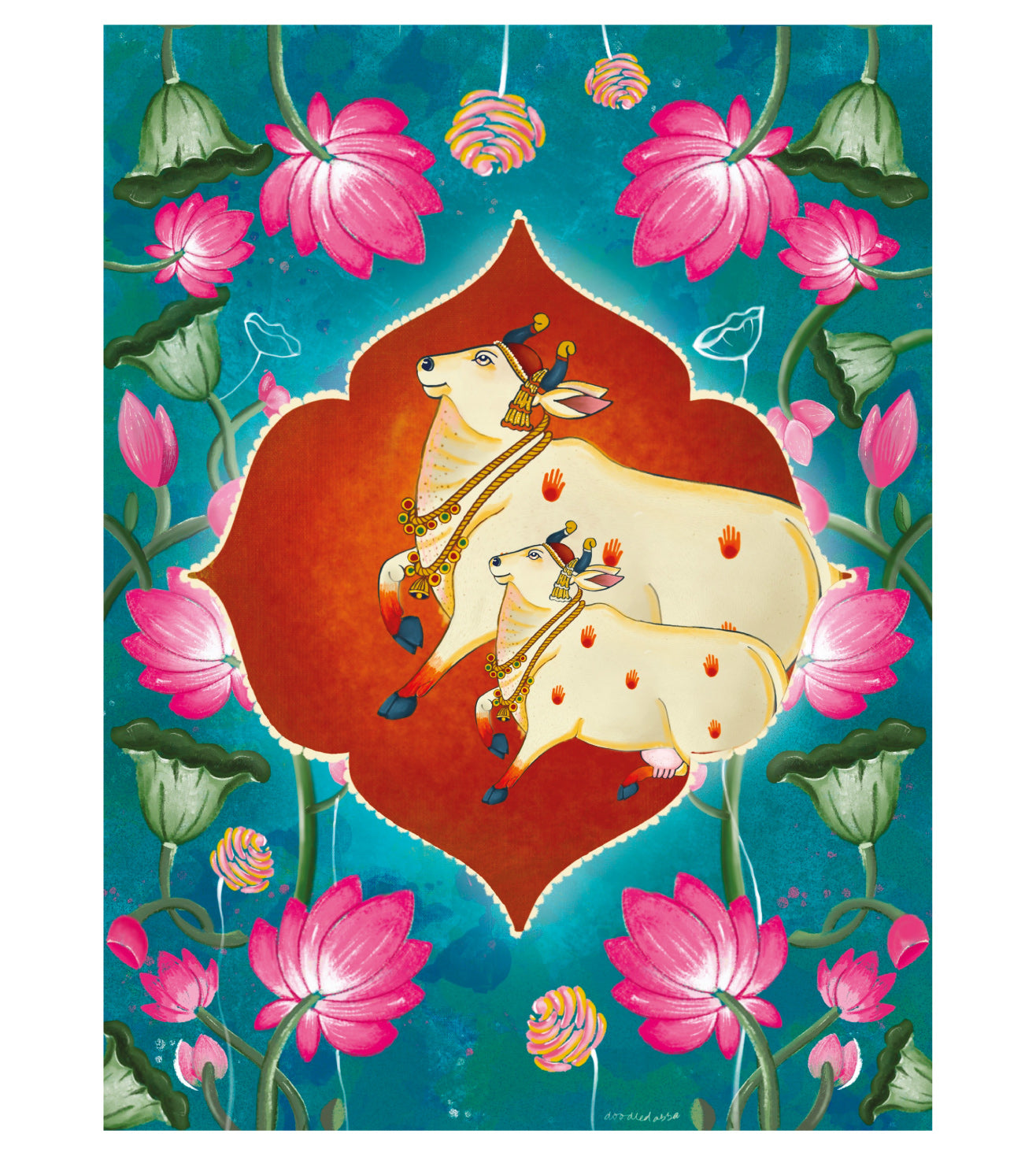 Holy Cow Pichwai Wall Art Print | Pichwai cow Turquoise Lotus & Foliage Motif | Vibrant Indian Spiritual Artwork