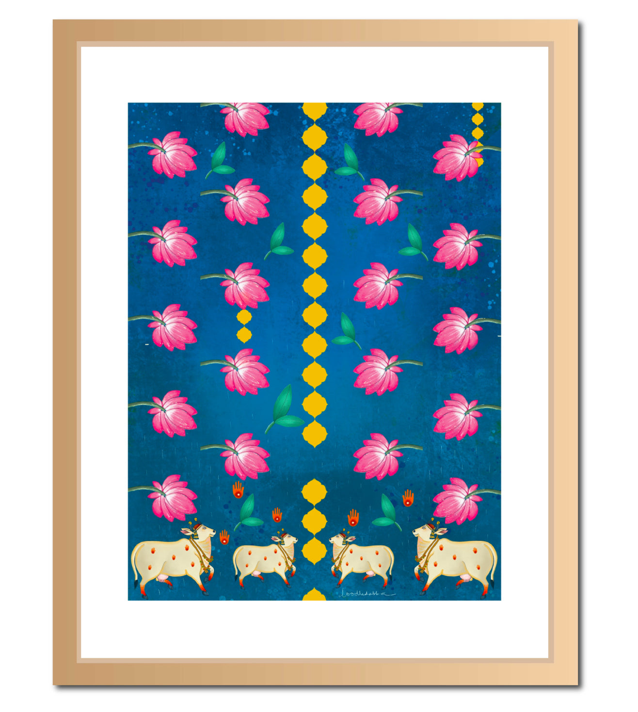 Lotus Pattern Holy Cow Pichwai Wall Art Print | Indigo Krishna Cow Artwork | Indian Spiritual Home Decor