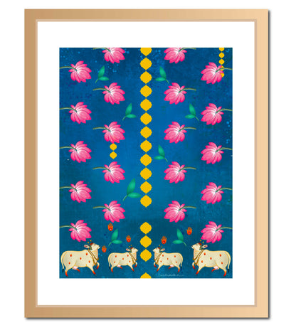 Lotus Pattern Holy Cow Pichwai Wall Art Print | Indigo Krishna Cow Artwork | Indian Spiritual Home Decor