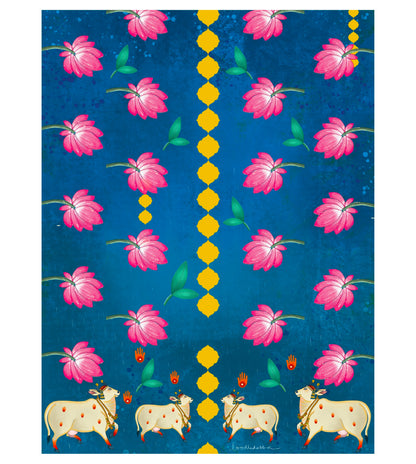 Lotus Pattern Holy Cow Pichwai Wall Art Print | Indigo Krishna Cow Artwork | Indian Spiritual Home Decor