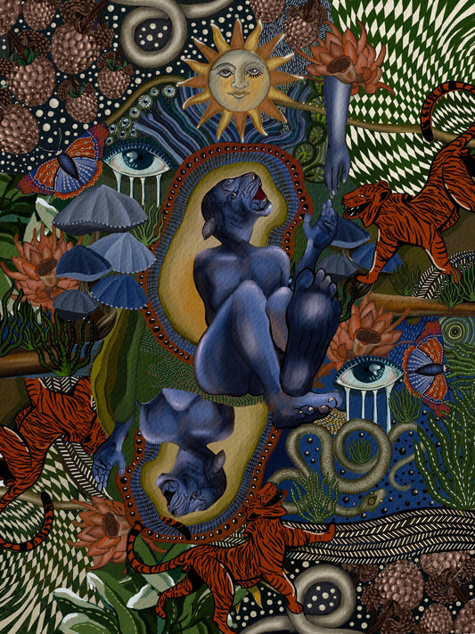 Love Half Done Surreal Wall Art Print | Emotional Heartbreak Art | Tiger & Dream Landscape Painting | Unfinished Love | Boho Statement Art