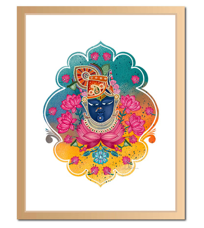 Lord Shri Nath Ji Portrait Multicolor Pichwai Wall Art Print | Pichwai Lotus & Motif Indian Spiritual Print | Vibrant Devotional Artwork