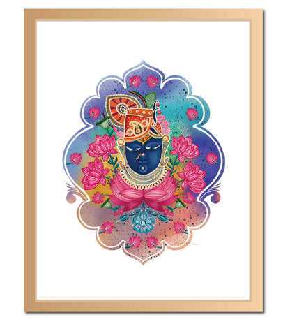 Lord Shri Nath Ji Portrait Indigo Pichwai Wall Art Print | Pichwai Lotus & Motif Indian Spiritual Print | Vibrant Devotional Artwork
