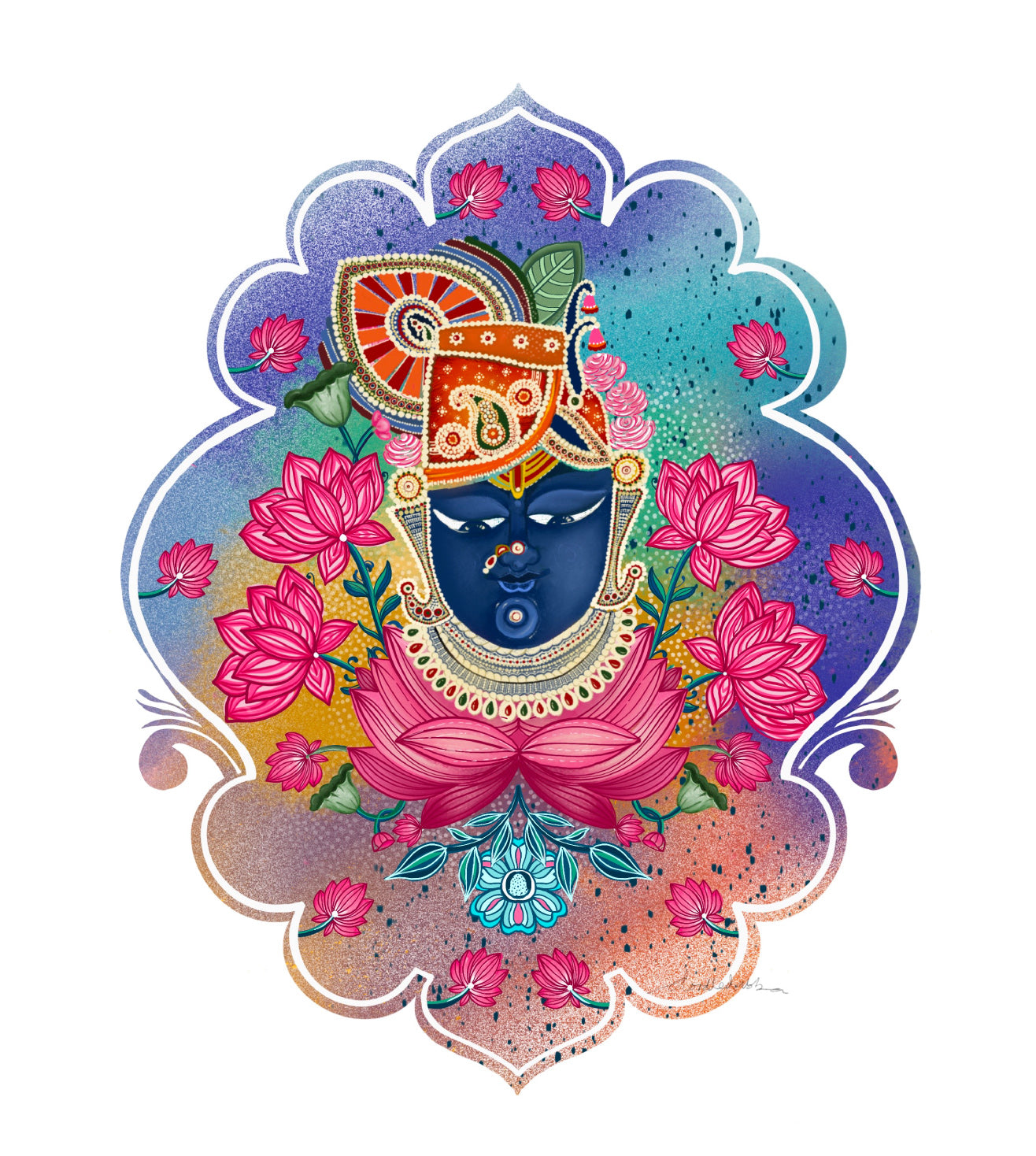 Lord Shri Nath Ji Portrait Indigo Pichwai Wall Art Print | Pichwai Lotus & Motif Indian Spiritual Print | Vibrant Devotional Artwork