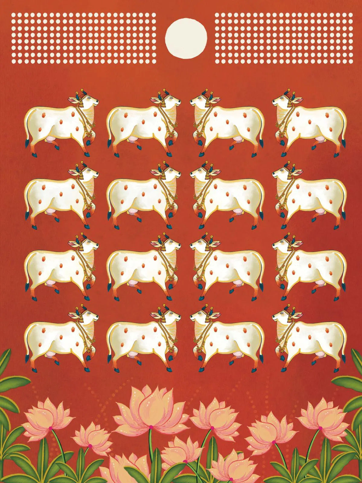 Holy Cow Pattern Moon with Lotus Pichwai Art print| Gazing Cow & Lotus | Deep red Pichwai art print