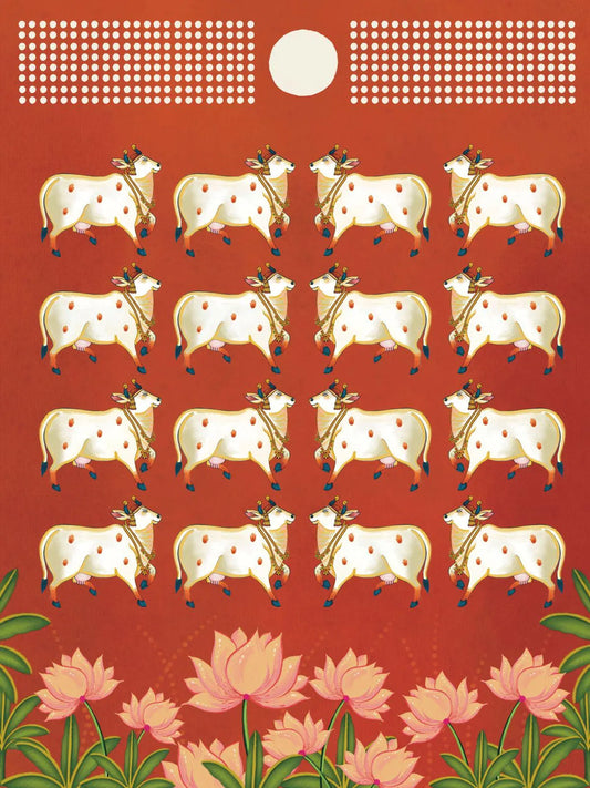 Holy Cow Pattern Moon with Lotus Pichwai Art print| Gazing Cow & Lotus | Deep red Pichwai art print
