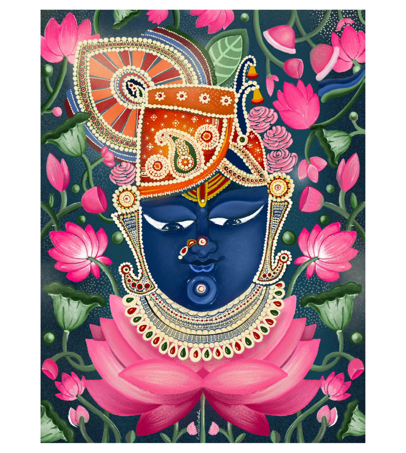 Lord Shrinath Ji Pichwai Wall Art Print | Indigo Krishna Artwork | Indian Spiritual Home Decor