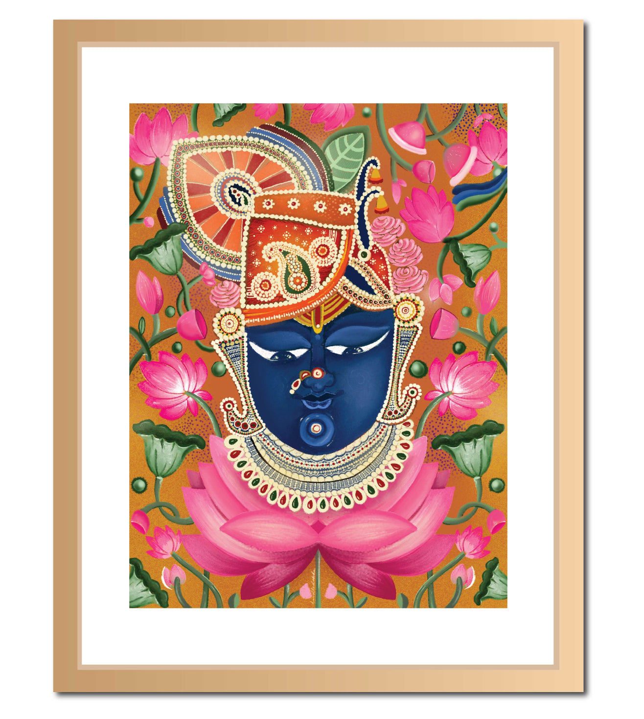 Lord Shrinath Ji Orange Pichwai Wall Art Print | Krishna Portrait Artwork | Indian Spiritual Home Decor
