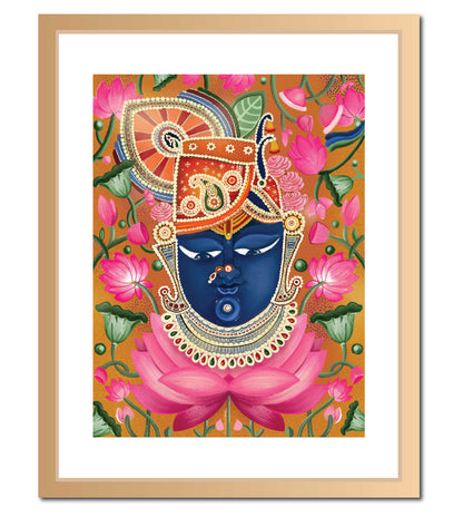 Lord Shrinath Ji Orange Pichwai Wall Art Print | Krishna Portrait Artwork | Indian Spiritual Home Decor