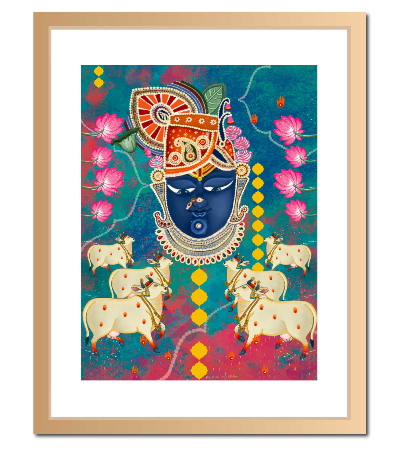 Lord Shrinath Ji Pichwai Wall Art Print | Krishna with Cows and Lotus Motifs | Traditional Indian Spiritual Decor