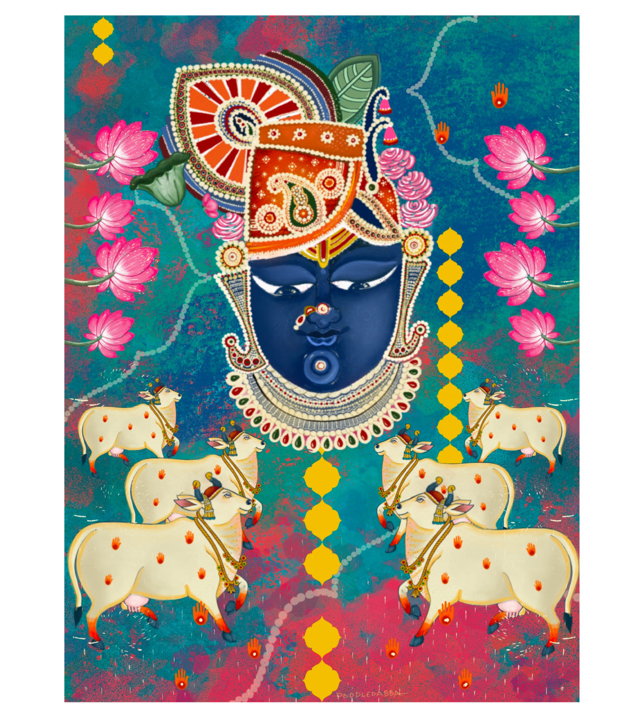 Lord Shrinath Ji Pichwai Wall Art Print | Krishna with Cows and Lotus Motifs | Traditional Indian Spiritual Decor