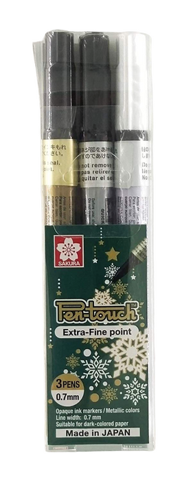 Sakura Pen-touch Permanent Markers - Pack of 3 markers - Gold, Silver & White (Extra Fine Point 0.7mm)