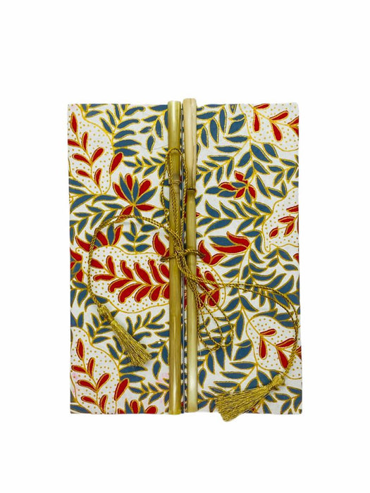 JAIPUR HAND MADE NOTE BOOK ( BAMBOO RED GRAY LEAFS ON WHITE )