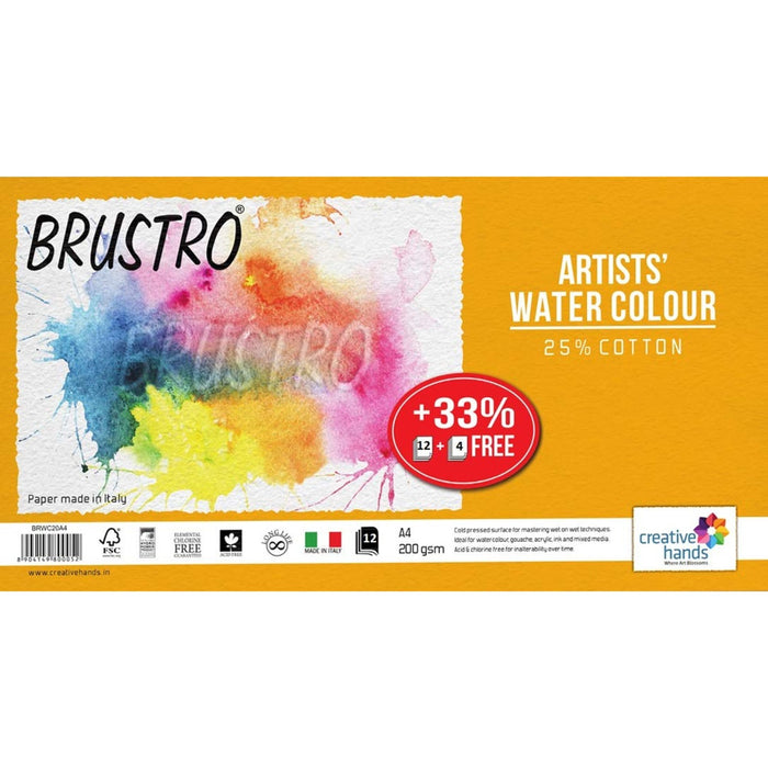 Brustro Artists Watercolour Paper, A4 Size, 200 GSM, 25% Cotton CP, 12 + 4 Sheets Free