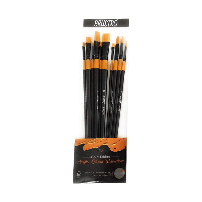 BRUSTRO Artists Gold Taklon Set Of 10 BRUSHES for Acrylics, Oil and Watercolour