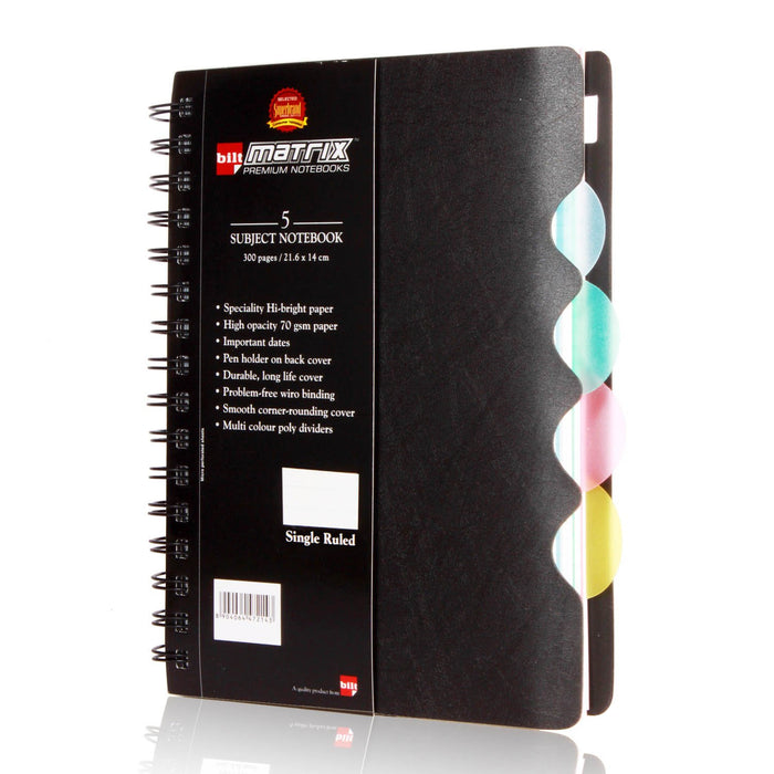 BILT Matrix Premium 5 Subject Notebook - A5, 70 GSM, 300 pages, Single Ruled