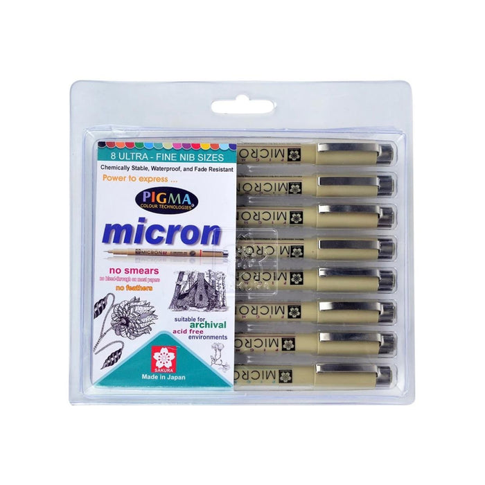 Sakura Pigma Micron Fine Line Pens - Set Of 8 Assorted Nibs In Black Colour (003,005,01,02,03,05,08 And Pn Tip)