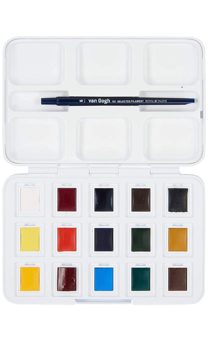 Vangogh Pack Of 12 Watercolors + 3 Pocket Box + Brush # 6 - Water Color Box Hp8631+3 - Artist Portable Watercolour Set Of 15 Colors