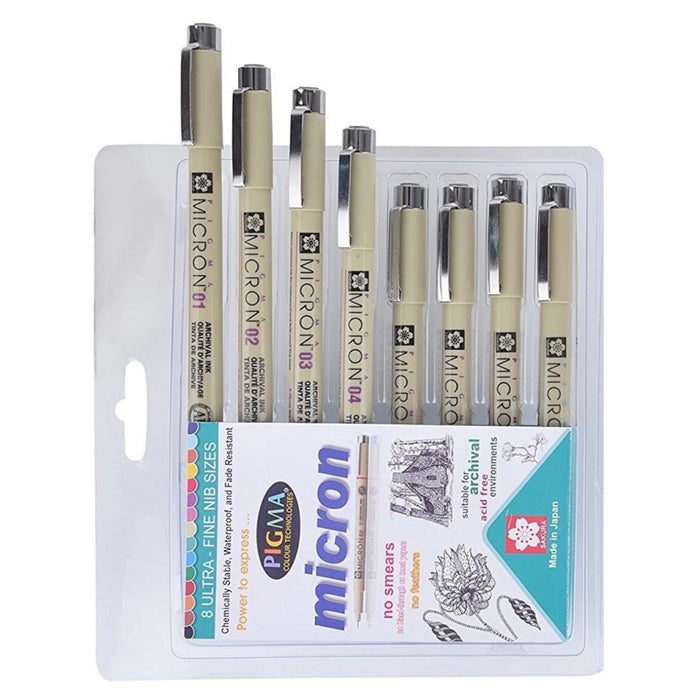 Sakura Pigma Micron Fine Line Pens - Set Of 8 Assorted Nibs In Black Colour (003,005,01,02,03,05,08 And Pn Tip)