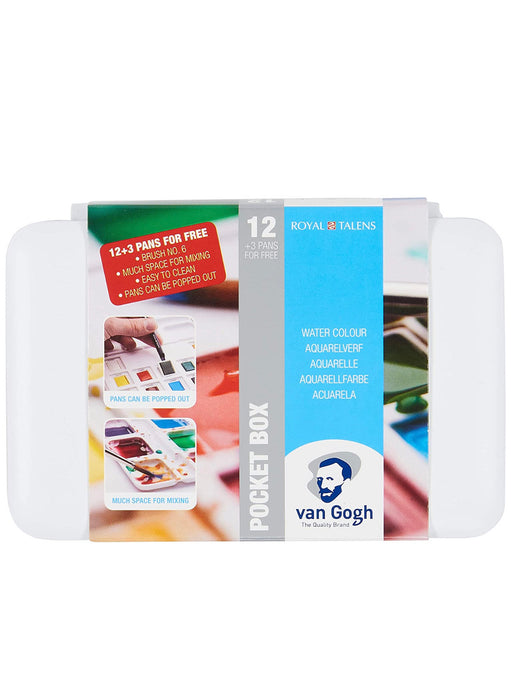 Vangogh Pack Of 12 Watercolors + 3 Pocket Box + Brush # 6 - Water Color Box Hp8631+3 - Artist Portable Watercolour Set Of 15 Colors