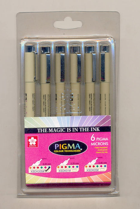 Sakura Pigma Colored Micron pens - set of 6 assorted colors 005 series - 0.2mm nib size